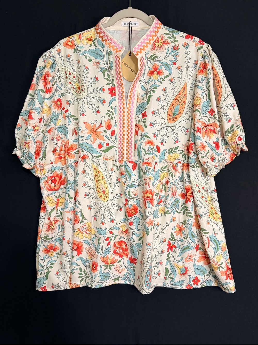 Puff-Sleeve Tunic Top 3XL Victorian Florals v-neck embroidered boho coastal